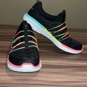Skechers air cooled memory foam black with rainbow colored elastic